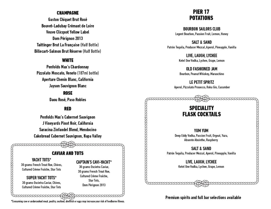 Pier 17 Yacht Club Menus - Spiegelworld